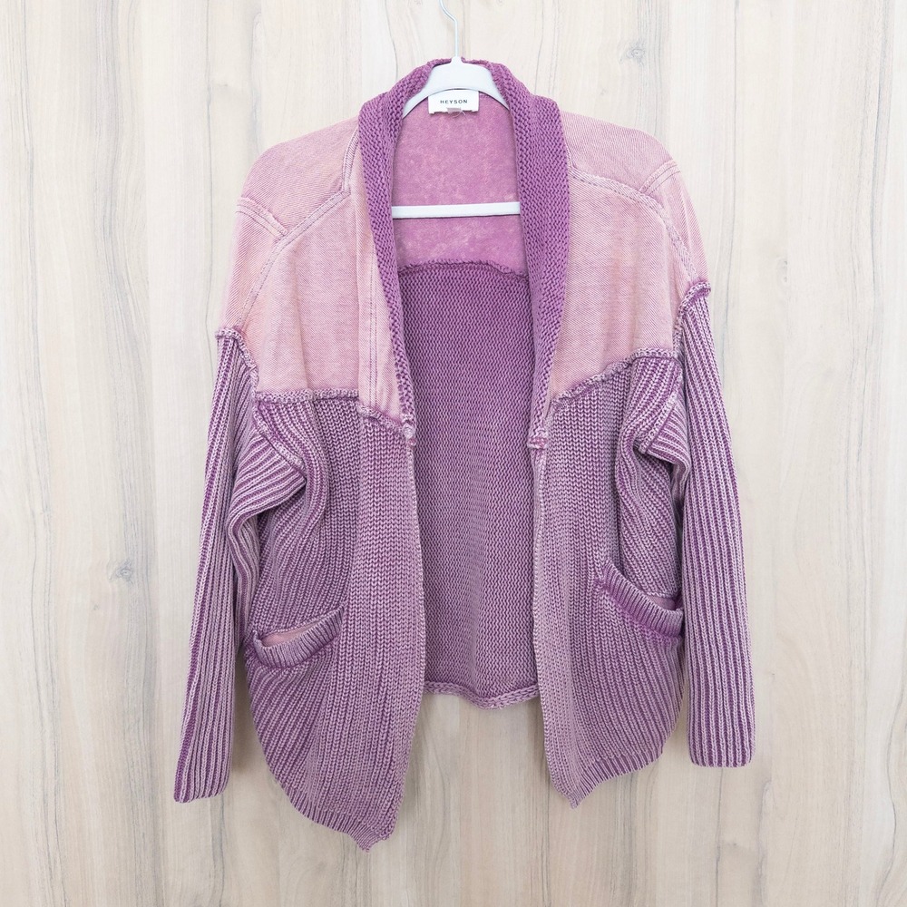 Heyson Womens Cardigan Size L Pink Chunky Knit Boho Cozy Artsy Indie Faded